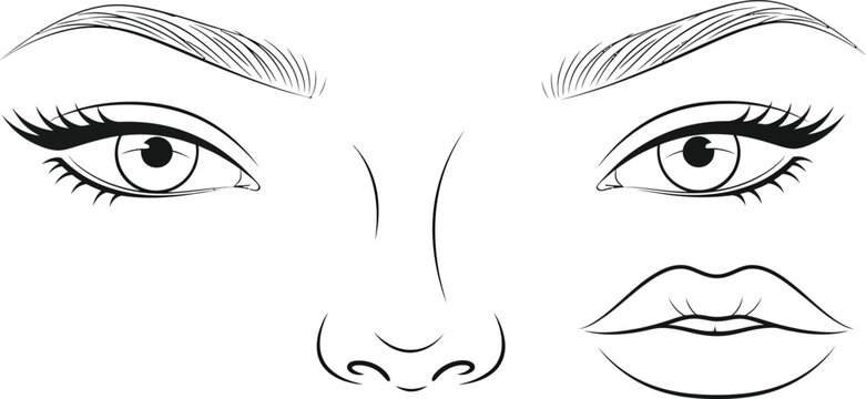 Black and white line of a woman's eyes, nose, and lips line black and white