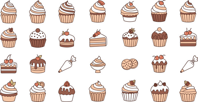 Cupcake and dessert icons set with cakes cookies frosting and sweet bakery treats collection cute hand drawn vector illustration