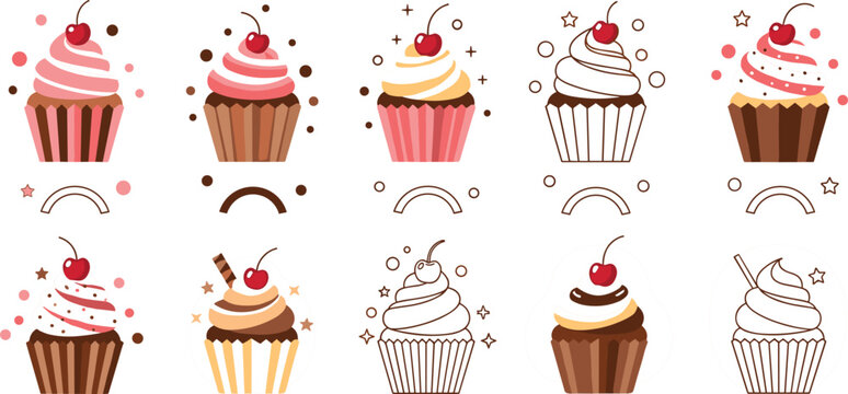 Colorful cupcake set with frosting cherry toppings sweet dessert collection bakery treats cute decorative vector illustration design