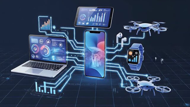A sleek product showcase featuring a smartphone, laptop, smartwatch, and earbuds connected by glowing digital lines against a futuristic grid background.