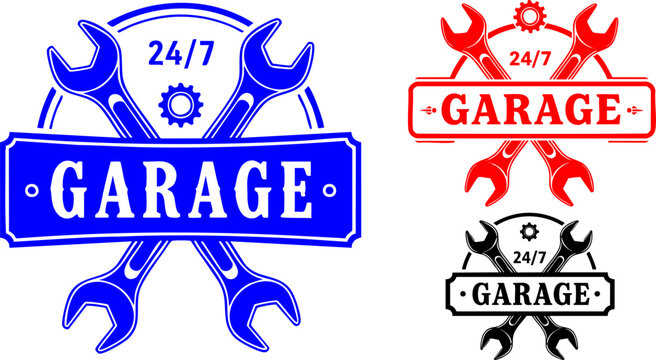 Vintage garage logo set with crossed wrenches and gear, retro automotive repair shop emblems, 24/7 car service vector badges in blue red and black