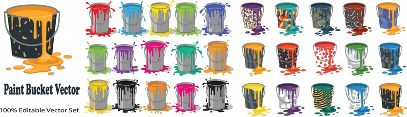 Paint bucket vector set, colorful dripping paint cans with liquid splashes, 25 editable industrial metal buckets for home renovation and art projects © rani