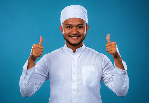 a man with a white balinese udeng (head wrap) and a white collared shirt, stands against a solid blue background
