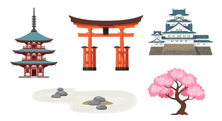 Japanese Culture Icons: Pagoda, Torii Gate, Castle, Zen Garden, Cherry Blossom © hapy