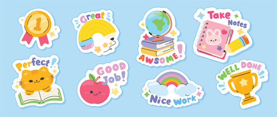 Fototapeta premium Cute school reward sticker set vector. Colorful teacher praise labels with medal, trophy, globe, books, notebook, pencil, apple, cat, rainbow for classroom.