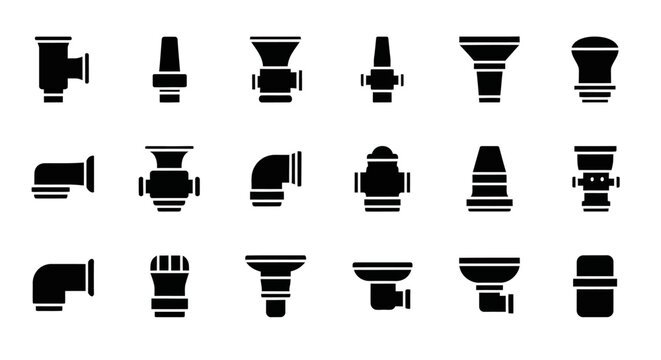 Black pipe fitting icons, plumbing symbols, 20 pipe connectors, industrial valves, vector graphics