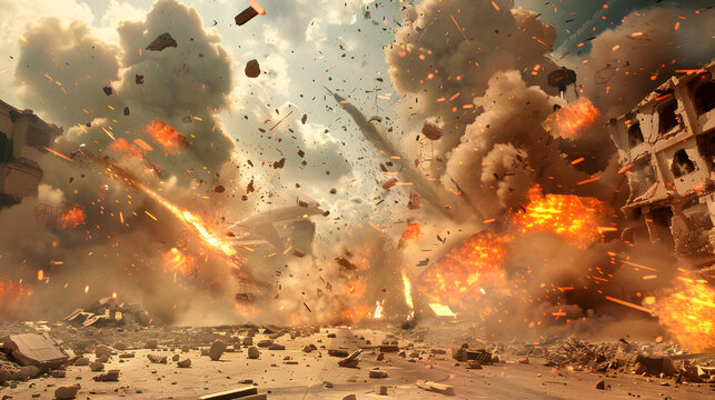 dramatic explosion engulfs a burning building with smoke and debris flying everywhere