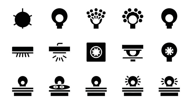 Black light bulb icons, modern lamp symbols, 15 vector graphics, lighting fixtures, electricity signs