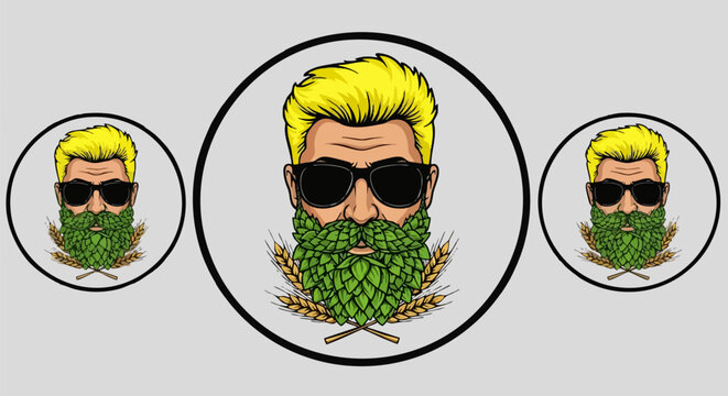 Craft beer mascot logo with bearded man, hipster man with hop beard and sunglasses vector, brewery character with wheat and hops