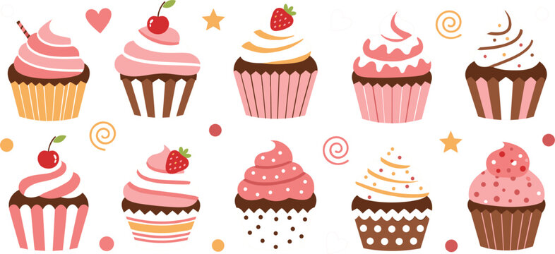 Cute colorful cupcakes collection with frosting strawberry and cherry toppings sweet bakery dessert icons playful vector illustration set