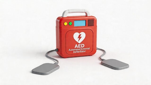 Red automated external defibrillator unit isolated on white background portable AED device with heart symbol medical emergency equipment for saving lives public health safety