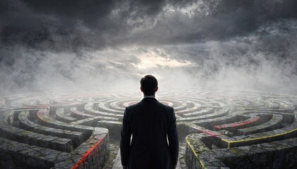 Obraz premium A male figure in a suit stands before an expansive, complex stone labyrinth under a dramatic, cloudy sky, symbolizing challenges and decision-making on a grand scale