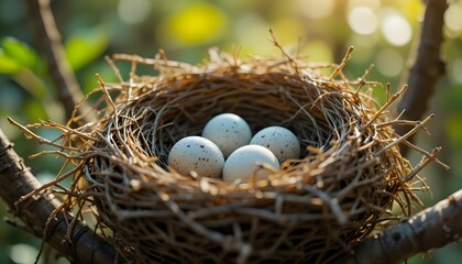 Fototapeta premium Bird Nest on Tree Branch with Natural Light