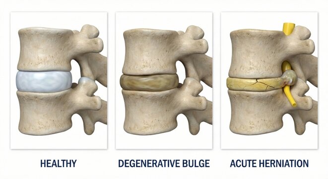 Intervertebral herniated disc sciatica triptych, realistic 3D sagittal lumbar spine comparison showing healthy disc degenerative bulge and acute herniation compressing nerve