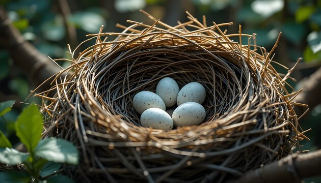 Bird Nest on Tree Branch with Natural Light