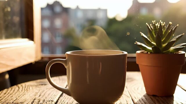 A serene morning scene features a white ceramic mug and a potted succulent plant resting on a weathered wooden table bathed in warm sunlight, with a blurred cityscape visible through a window.