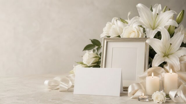 A peaceful funeral setting with white lilies candles a photoframe on a textured surface illuminated by soft natural light conveying mourning and remem