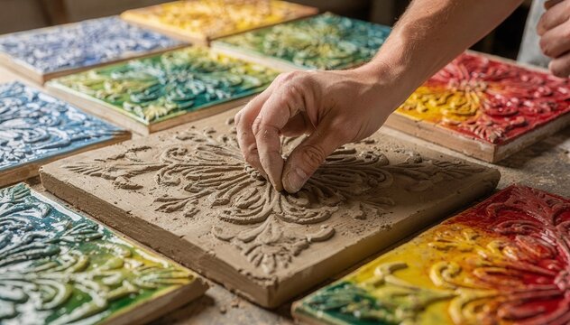 Artisan crafter sculpts intricate floral pattern on clay tile, surrounded by vibrant, colorful drying pieces, showcasing handmade craft and creative process