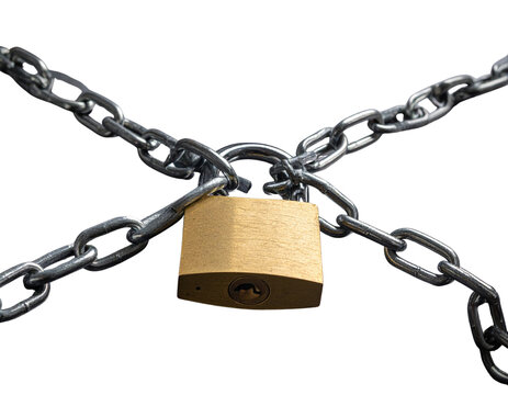 A shiny metal lock with a thick steel chain and a gold-colored key.