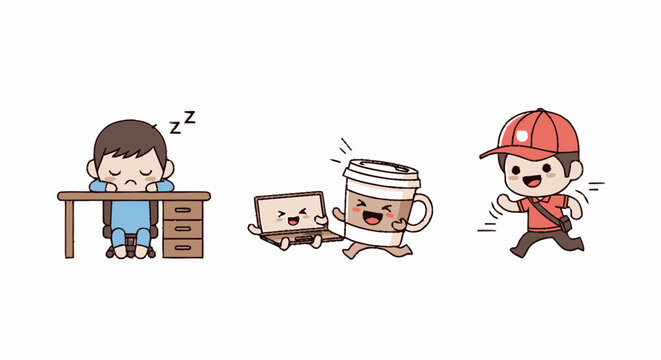 Cartoon characters with coffee delivery.