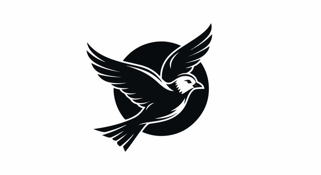 Black silhouette of a bird with outstretched wings flying in front of a circle
