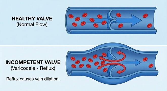 Varicocele venous valve comparison 3D cross section shows healthy leaflet closure preventing reflux versus incompetent valve allowing backflow and vein dilation, urology education