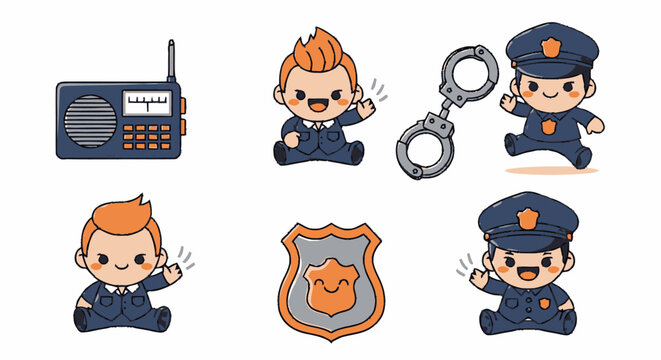 Cartoon police officers and badges.