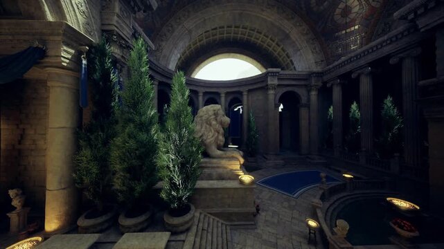 grand marble hall with evergreen trees and lion statue, warm golden lighting throughout. Opulent colonnade draped in deep fabric, illuminated garlands
