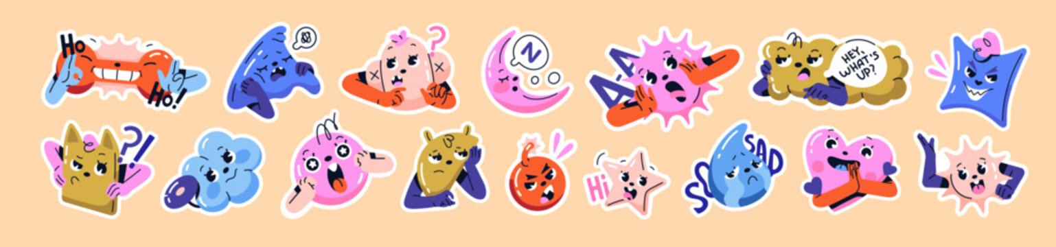 Set of emoticons. Abstract characters with different emotions. Emojis with various geometric shapes and expressions. Happy, sad, angry, bored and crying faces. Flat isolated vector illustrations