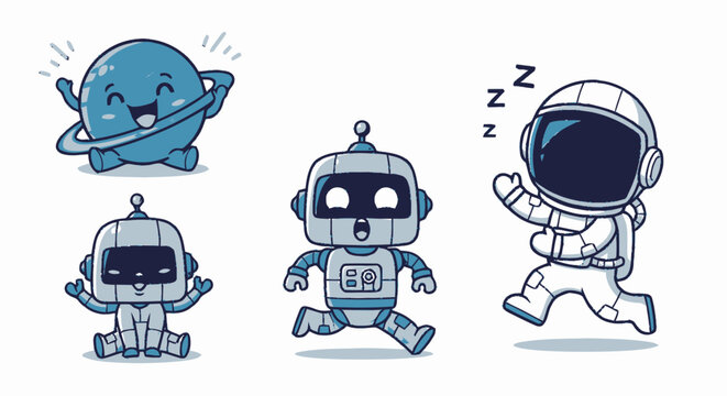 Cartoon robots and astronaut sleeping.