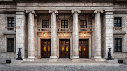 Obraz premium Neoclassical bank building facade with columns and grand entrance doors at dusk