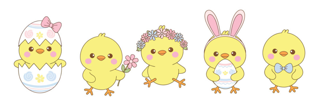 Cute Easter Chicks in Egg Shells with Bunny Ears, Flowers and Bows, Adorable Flat Style Spring Baby Birds Illustration for Greeting Cards, Posters, Nursery Prints, Stickers and Social Media