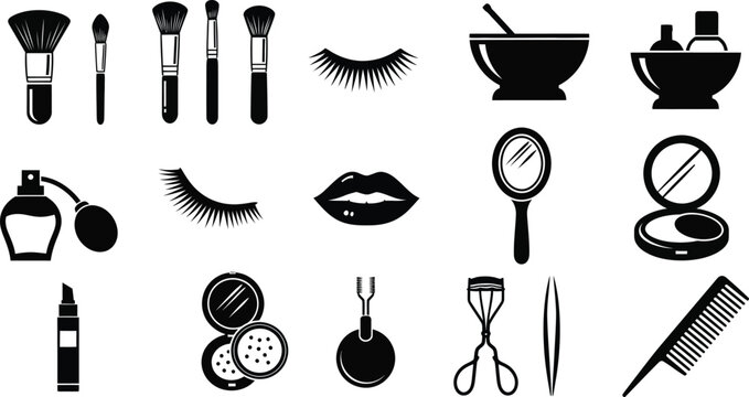 Black of makeup brushes, eyelashes, lips, perfume bottle, compact powder, mirror, comb, tweezers, and eyelash curler