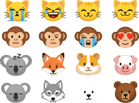 Cute animal emoji faces set with cat monkey fox bear pig koala wolf and hamster characters cartoon vector illustration collection