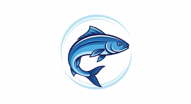 Blue fish leaping from water, surrounded by light blue circles