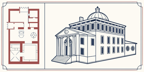 Fototapeta premium Classical building facade with columned entrance and floor plan schematic architecture design real estate architecture classical building