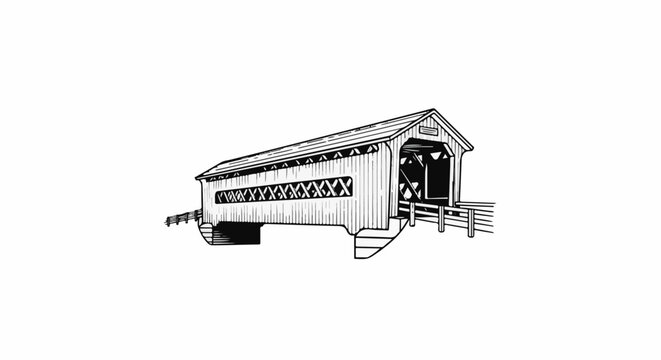 Black and white sketch of a wooden covered bridge, with its distinctive roof and lattice windows