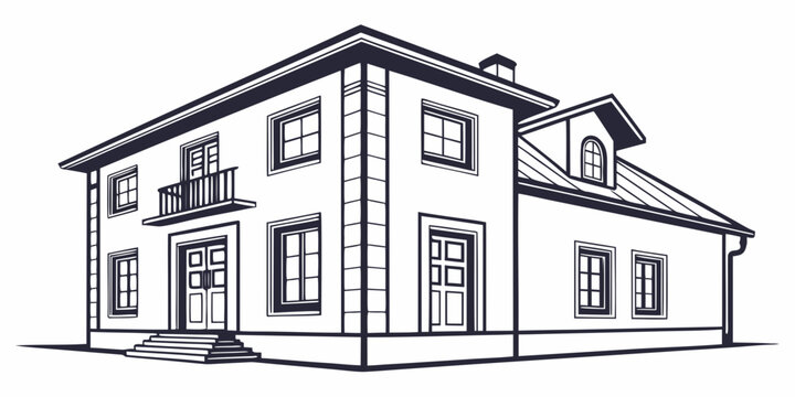 Line art drawing of a two-story house with a dormer window and balcony real estate outline art black and white outline graphic flat design