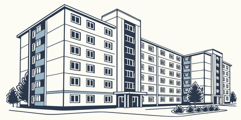 Stylized illustration of a soviet-era apartment building with trees and bushes dark blue building facade row house apartment block real estate © Mamun