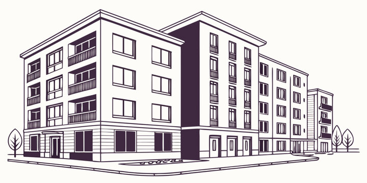 Apartment building exterior architectural drawing in black and white with real estate line art multi story architecture drawing residential buildi