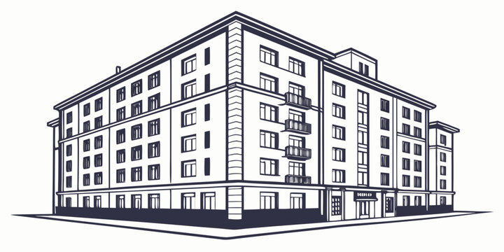 Angular drawing of a classic multi-story apartment building with balconies row house real estate building exterior urban planning residential com