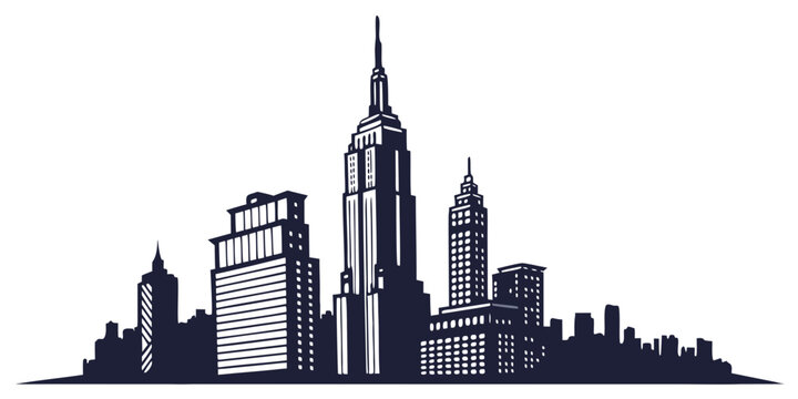 Silhouette of a city skyline with iconic skyscrapers and buildings empire state building art deco high rise dark blue city center silhouette