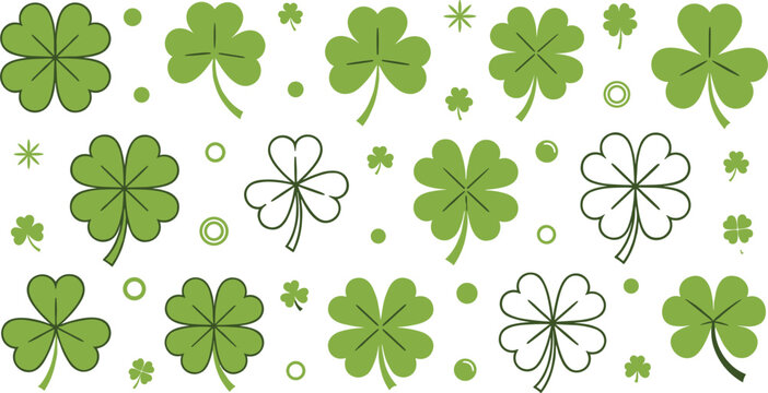 Green shamrock clover pattern with scattered leaves festive St Patrick&rsquo;s Day seamless style botanical background vector illustration design