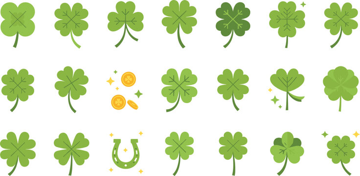 Green shamrock clover icons set with lucky symbols coins and horseshoe St Patrick&rsquo;s Day festive botanical vector illustration collection