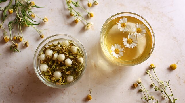 Fresh chamomile tea infusion with dried flower buds and petals in transparent glass cups arranged on a light textured surface for a peaceful wellness concept