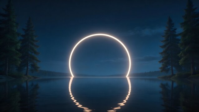 Luminous ring over lake at night
