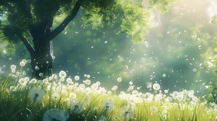 Naklejka premium dandelion seeds dispersing in sunny forest glade with tree