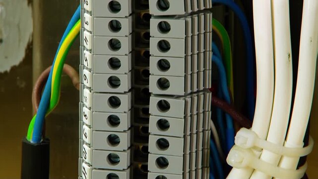 Close-up of organized electrical wiring: terminal blocks, vibrant insulated cables tied, showing power distribution.