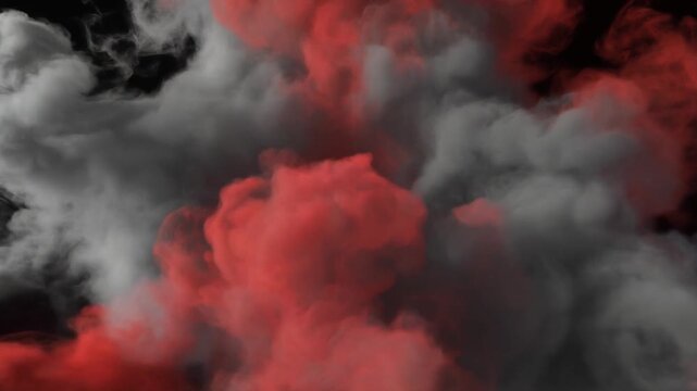 Swirling red and gray smoke cloud against dark background, dynamic vapor patterns creating depth, intensity, and atmospheric visual effect.