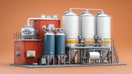 Obraz premium Industrial storage tanks with a vibrant orange background.